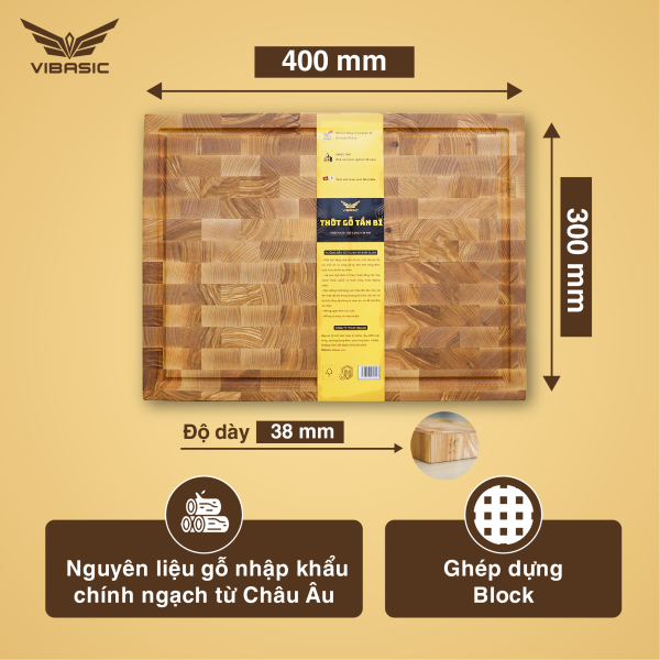 Thớt Tần Bì (Ash Wood) Vibasic ghép block, Kích thước 400x300x38mm