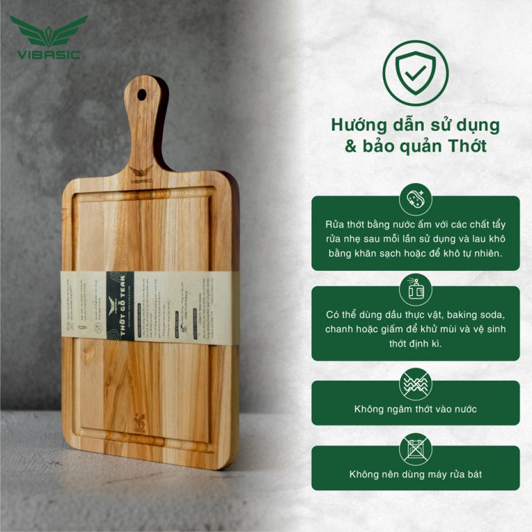 Thớt gỗ Teak Vibasic ghép ngang solid có tay cầm kích thước 300x220x18mm