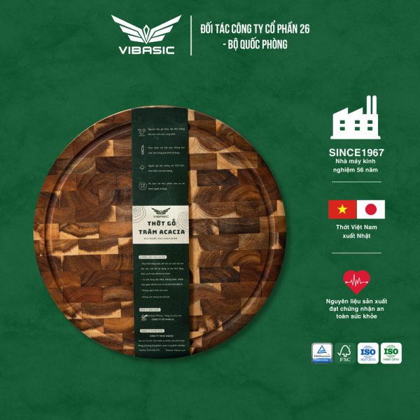 Thớt gỗ Tràm keo tròn Vibasic ghép dựng block kích thước 320x40mm dùng để chặt
